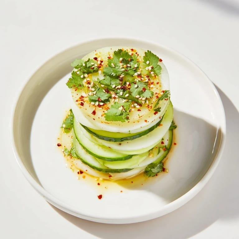 Refreshing vegan appetizer of layered Jicama and Cucumber Slice Stack, garnished with cilantro, a delight.