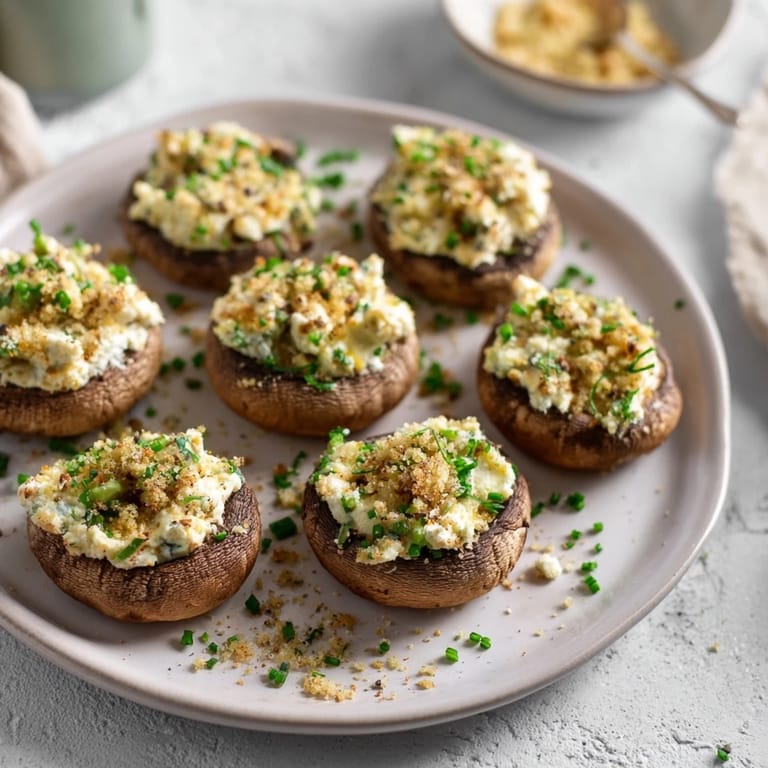 Savory stuffed mushroom caps appetizer with cheese and herbs, perfect for a party.