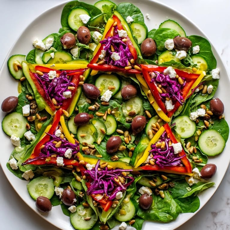 Freshly assembled Star of David Salad Platter, featuring crisp greens and a flavorful dressing drizzle.