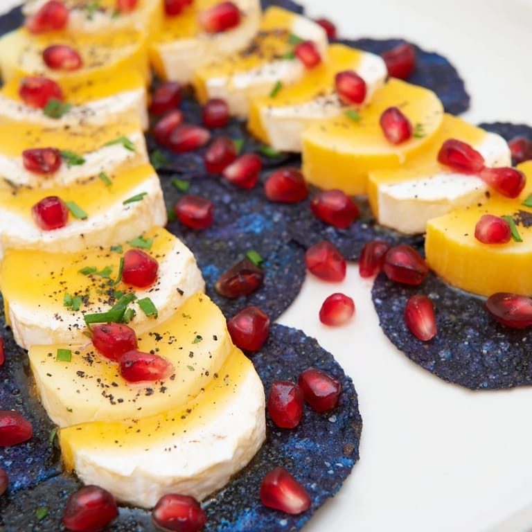Vibrant Stepping Stones appetizer: a fun cheese platter with goat cheese, brie, and smoky gouda.