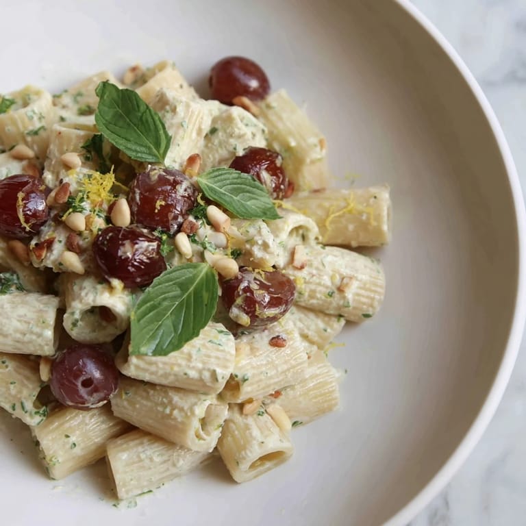 Pasta with Roasted Grapes and Ricotta, featuring juicy grapes over perfectly cooked pasta and ricotta.