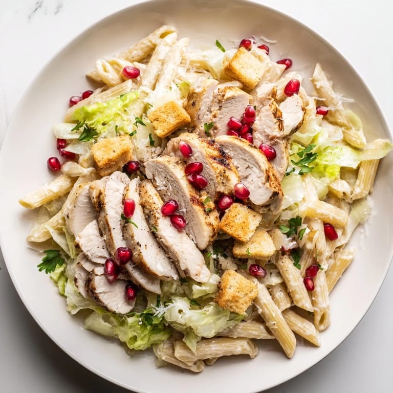 Creamy Chicken Caesar Pasta with Pomegranate, a flavorful dish ready to serve, perfect for any occasion at home.