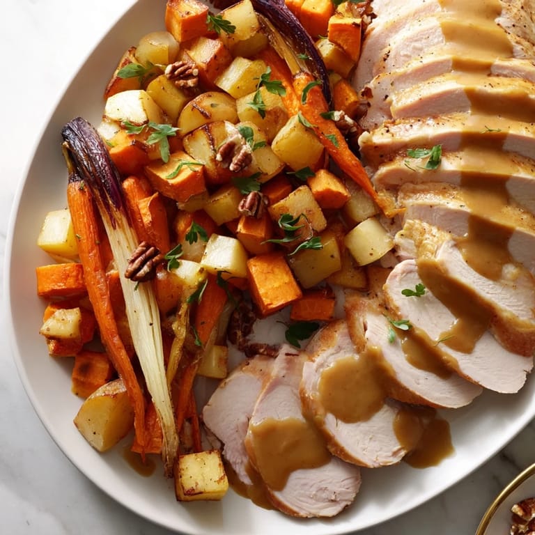 Golden, roasted vegetables link with sliced turkey, the flavorful Chains of the Mayflower main course.