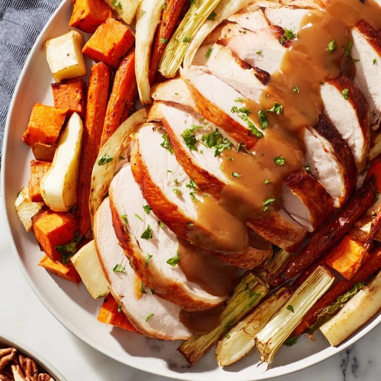 Visually stunning Chains of the Mayflower, Thanksgiving dinner with savory turkey and vibrant roasted vegetables.