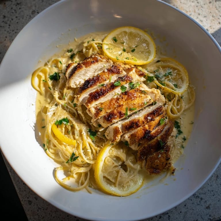Golden crust on the lemon brûlée chicken, adding beautiful contrast to this pasta recipe.