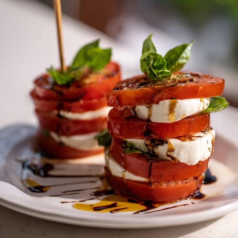 Vertical presentation of a Tuscan Pillar, a fresh appetizer, drizzled with balsamic glaze.