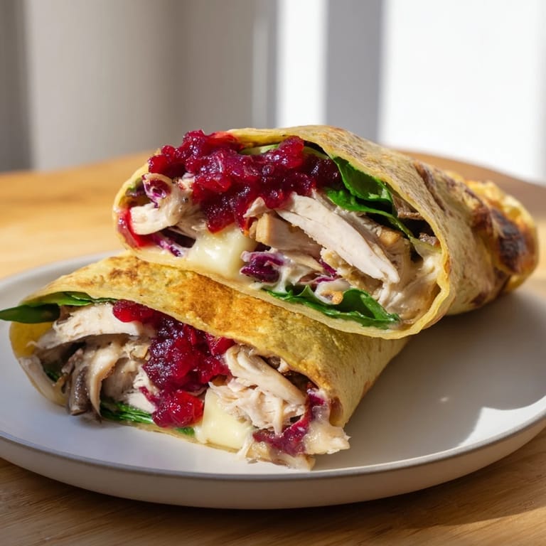 Warm, appetizing image of the Chicken and Brie Holiday Wrap slices, revealing its savory chicken and brie filling.