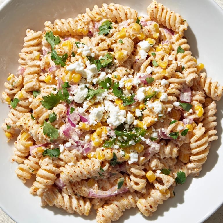 A refreshing bowl of creamy street corn pasta salad, bursting with vibrant flavors, perfect for a summer gathering.
