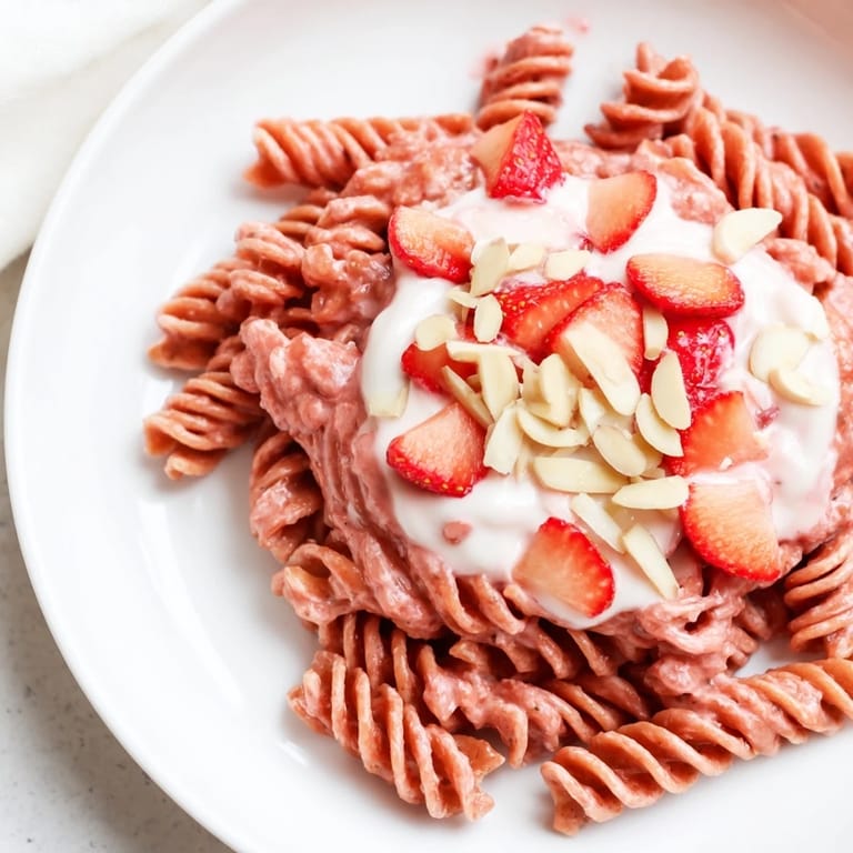 Creamy Greek yogurt coats the vibrant red Sweet Strawberry Yogurt Pasta, ready for a warm summer day.