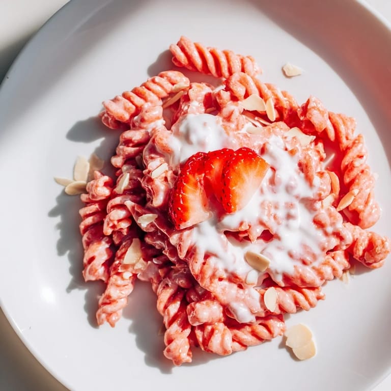 Enjoy the unique blend of flavors in this tasty Sweet Strawberry Yogurt Pasta with a light drizzle.