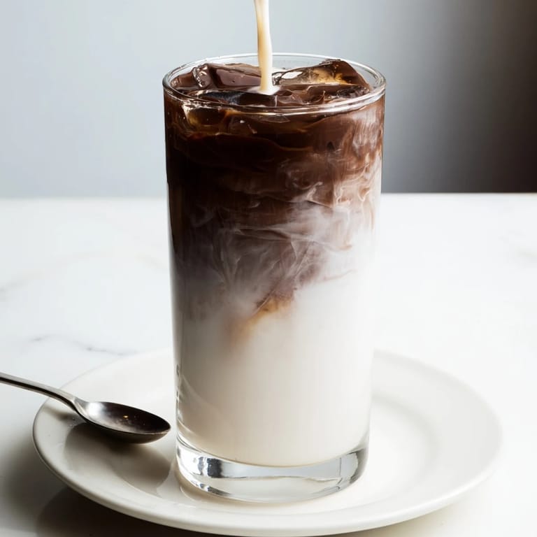 Dark chocolate coats a Chocolate Cracking Iced Latte, a visually stunning and perfectly refreshing coffee treat.