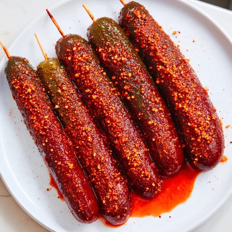 Close-up of Chamoy-Tajín pickle sticks, the sweet and spicy snack ready to enjoy.