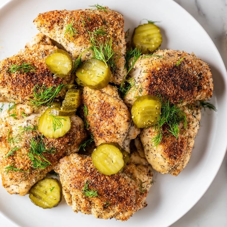 Oven-baked Pickle Ranch Chicken with crispy edges, served on a plate with fresh dill garnish, looks mouthwatering.