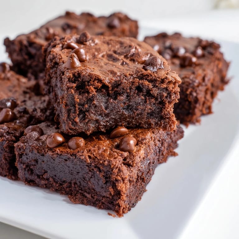 Close-up of baked Greek yogurt brownies—perfectly textured and ready to enjoy with a coffee.