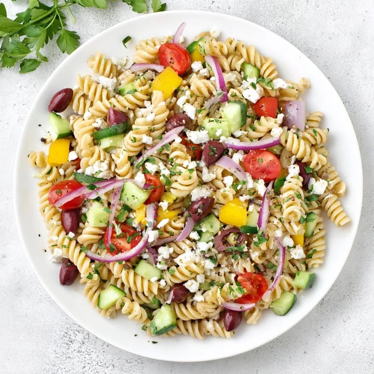 Perfect summer serving of Lemon Pasta Salad, tossed in a tangy dressing, ready to enjoy.