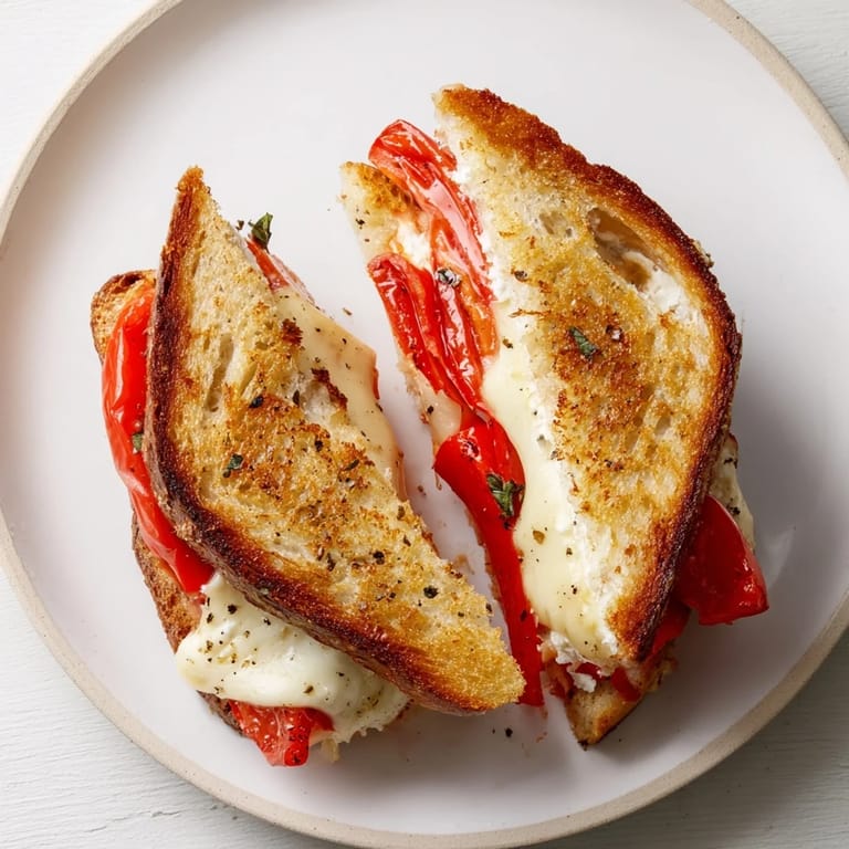 Mouthwatering close-up of a perfectly grilled Roasted Red Pepper Grilled Cheese sandwich, freshly made and sliced.