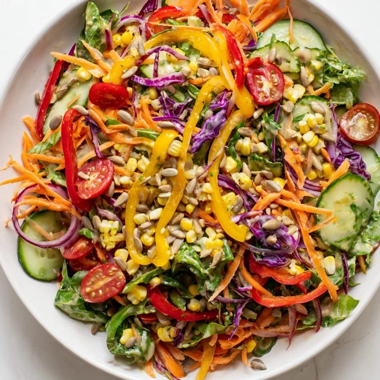 Freshly tossed Rainbow Salad showcasing a medley of crisp, raw vegetables, perfect for a light lunch.