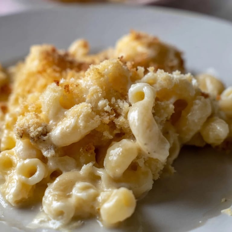 A close-up of creamy, stovetop mac and cheese with melted cheese, perfect for a cozy weeknight meal.
