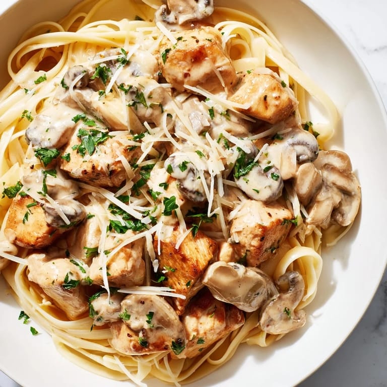 Imagine the aroma! This Creamy Mushroom Chicken Pasta includes Parmesan and parsley, a perfect dinner.