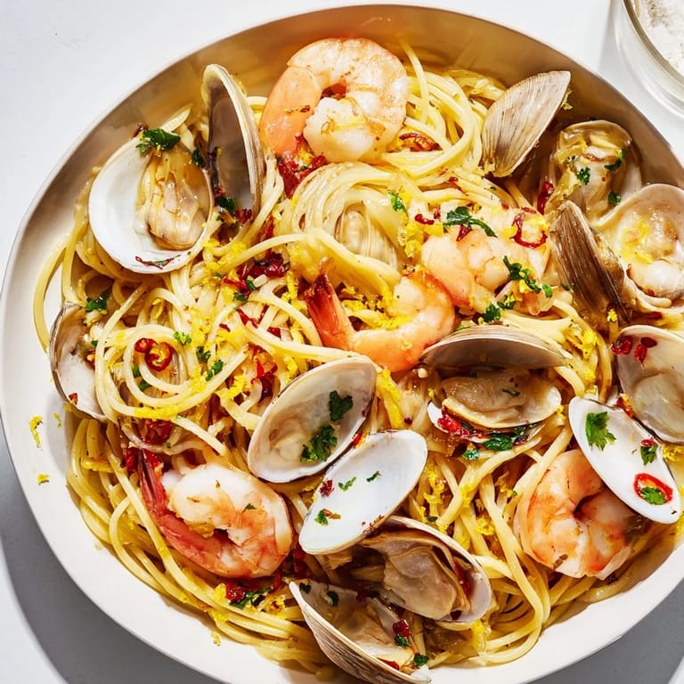 A close-up of finished Seafood Pasta Aglio e Olio, glistening with olive oil and fresh parsley garnish.