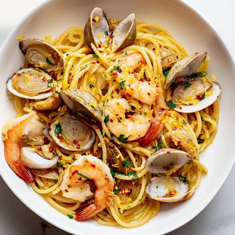 Savory Seafood Pasta Aglio e Olio, featuring garlic-infused spaghetti with succulent shrimp and clams.