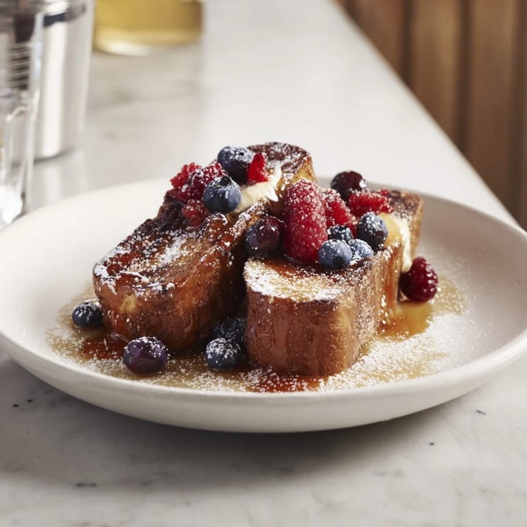 Warm Ice Cream French Toast, topped with fresh berries, offers a sweet and satisfying breakfast.