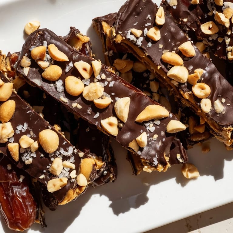Homemade Date Bark Snickers-Style slices, a delightful no-bake dessert with layers of peanut butter and chocolate.