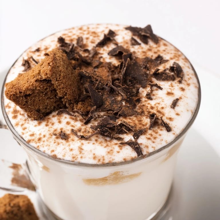 Creamy Tiramisu Latte in a tall glass, beautifully layered with cocoa dusting and biscuit crumbs.