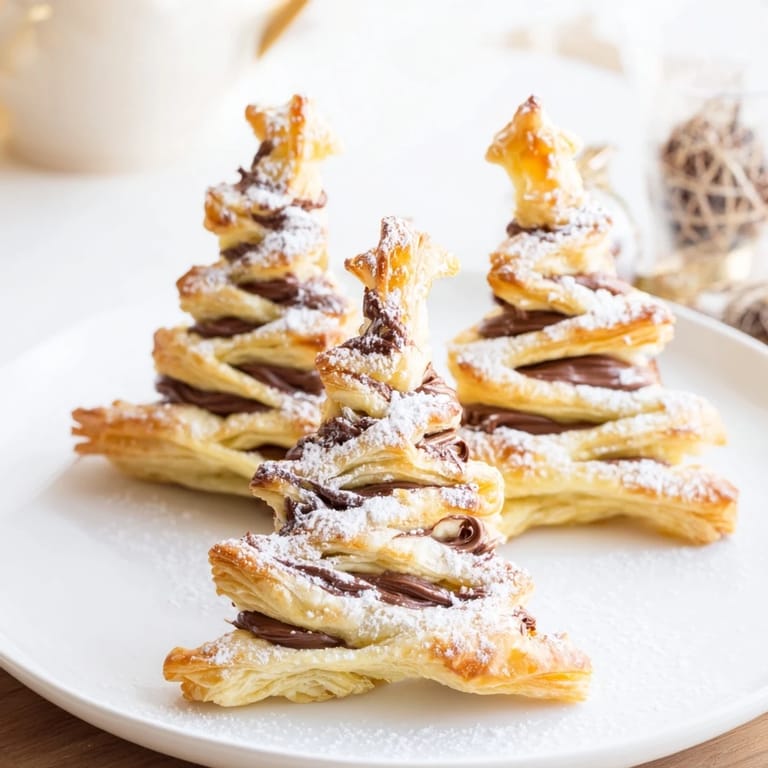 Festive and flaky: Homemade Nutella Pastry Christmas Trees dusted with powdered sugar, a delightful dessert.