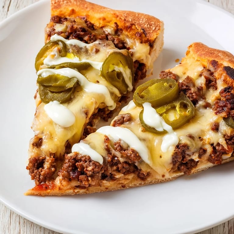 Close-up of a fully-loaded Ground Beef Taco Pizza with sizzling ground beef and fresh toppings.