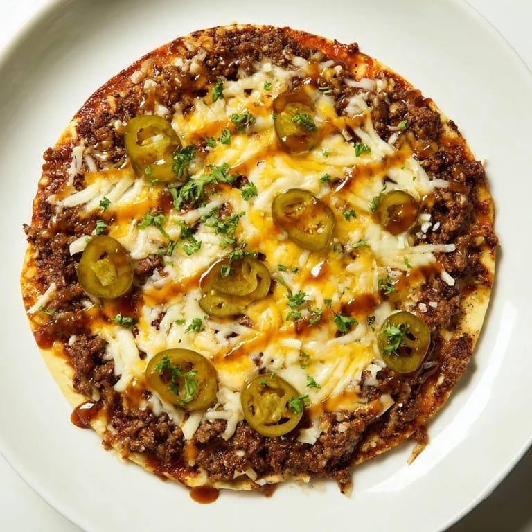 The bubbling cheese atop this Spicy Ground Beef Pizza Base looks incredibly inviting and delicious.