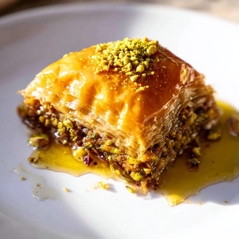 A close-up of freshly baked Turkish Hazelnut & Pistachio Baklava, glistening with honey syrup, ready to eat.