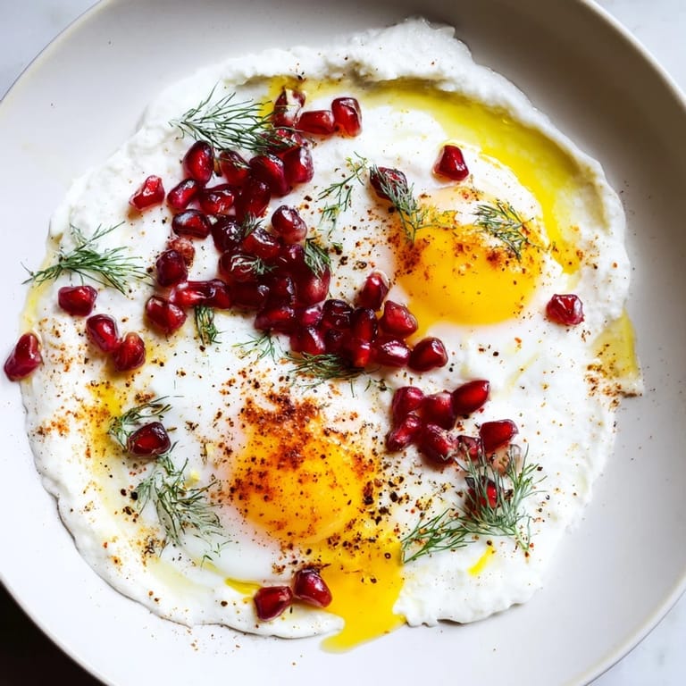 A close-up of delicious Çılbır: perfectly poached eggs, sumac butter, and pomegranate seeds for a flavorful breakfast.