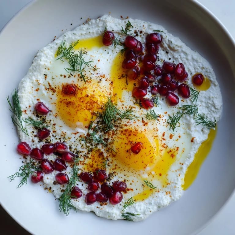Delicious and colorful Çılbır: poached eggs on garlicky yogurt, sprinkled with sumac and fresh pomegranate.