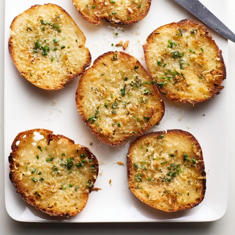 Six round savory toast pieces arranged on a rustic wooden board, garnished with fresh herbs and a side of marinara dipping sauce.