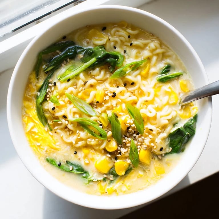 Quick Elevated Ramen Egg Drop Soup garnished with fresh spinach, a sprinkle of pepper, and vibrant green onions.
