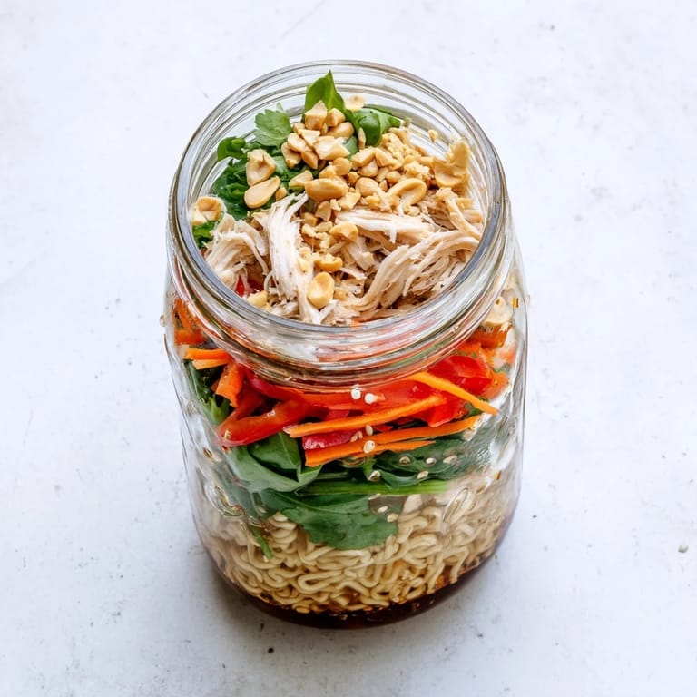 The jar reveals a hearty serving of tender noodles, crisp bean sprouts, and shredded carrots, ready to be mixed for a satisfying lunch.  