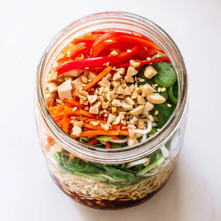 From a top-down view, seasoned tofu and glossy noodles are layered with greens and bell peppers inside a mason jar, perfect for on-the-go dining.