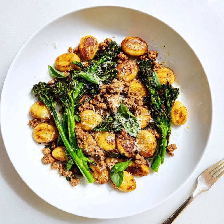 Fresh basil garnishes this hearty Sheet Pan Gnocchi Bake, perfect for a quick weeknight dinner with Parmesan cheese.