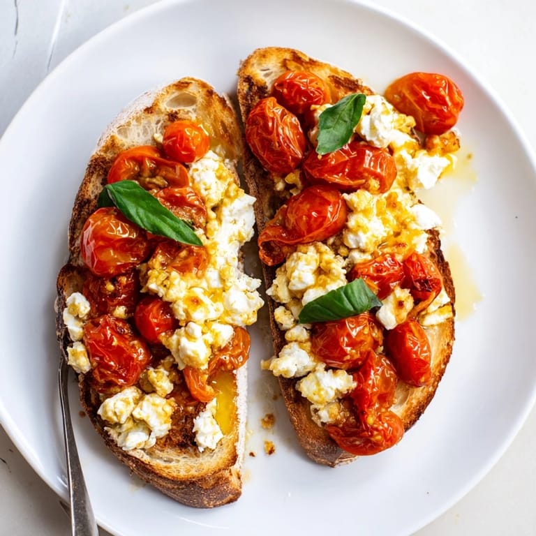 Fresh herb-topped Baked Feta Toast, a savory snack with juicy tomatoes and tangy feta.