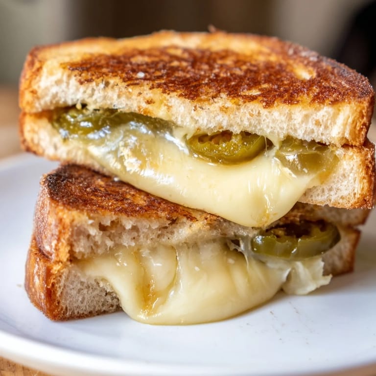 A close-up of a Cheddar Jalapeño Grilled Cheese, showing melted cheese oozing between crispy bread and bright green jalapeño slices.  