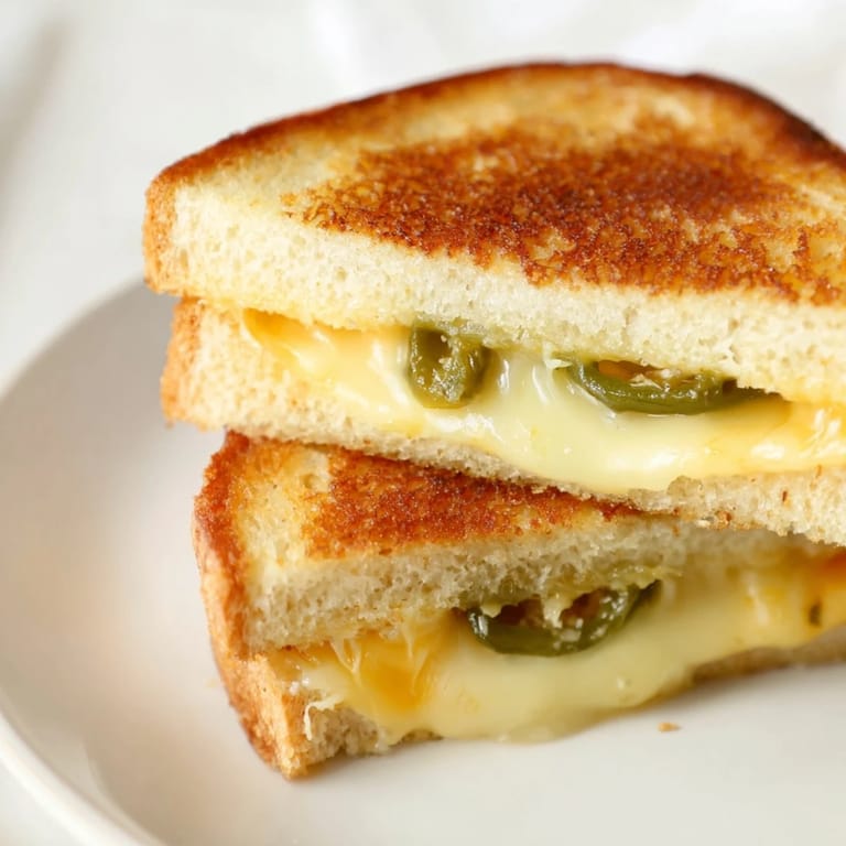 Served warm on a wooden cutting board, this vegetarian Cheddar Jalapeño Grilled Cheese pairs perfectly with a steaming bowl of tomato soup.