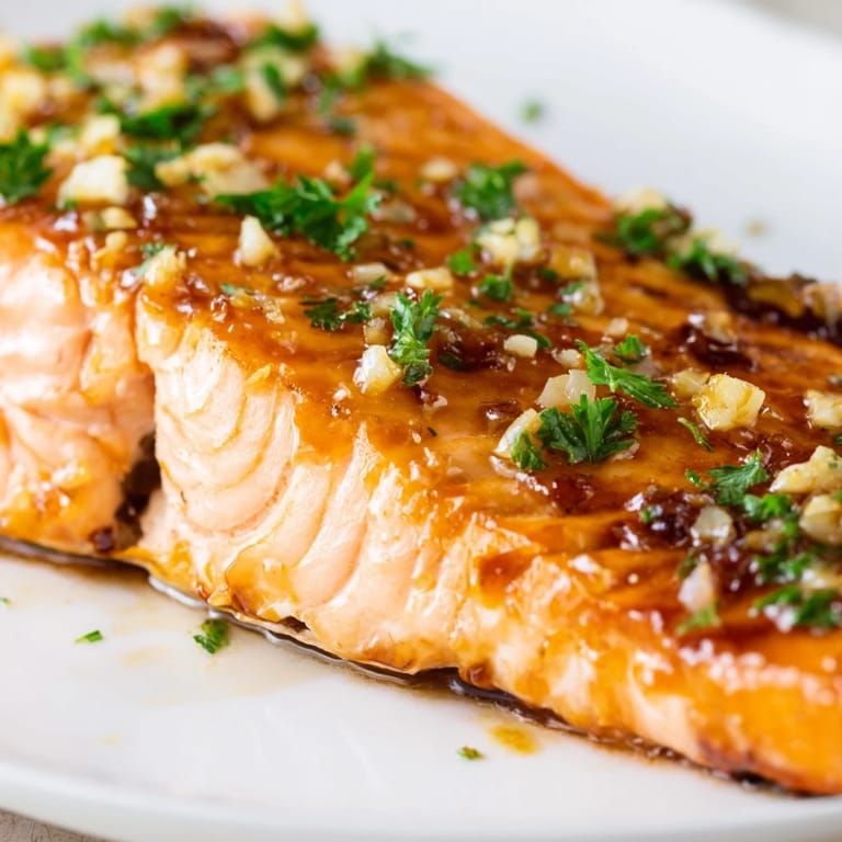 Easy weeknight dinner of honey garlic glazed salmon fillets, brushed with buttery sauce and garnished with fresh parsley.