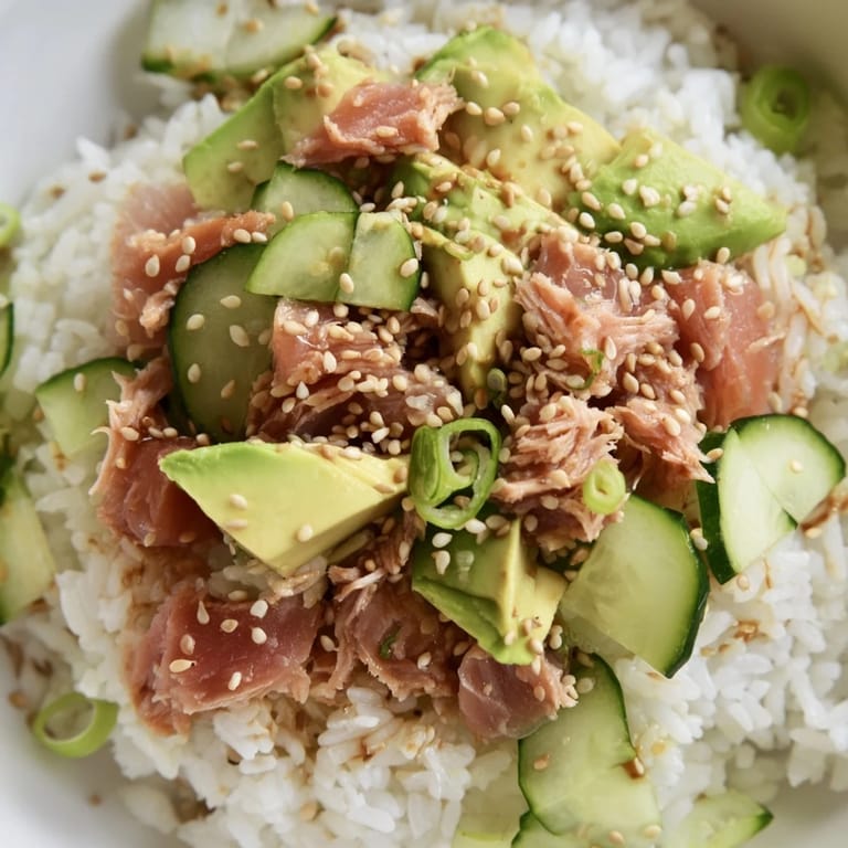 Enjoy a nutritious fusion dinner with this colorful Tuna Avocado Rice Bowl, combining tender tuna chunks, ripe avocado, and crunchy veggies over fragrant fluffy jasmine rice.
