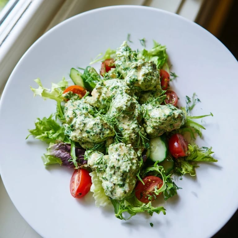A vibrant bowl of Green Goddess Chicken Salad featuring juicy chicken, fresh herbs, and creamy avocado on a bed of mixed greens.