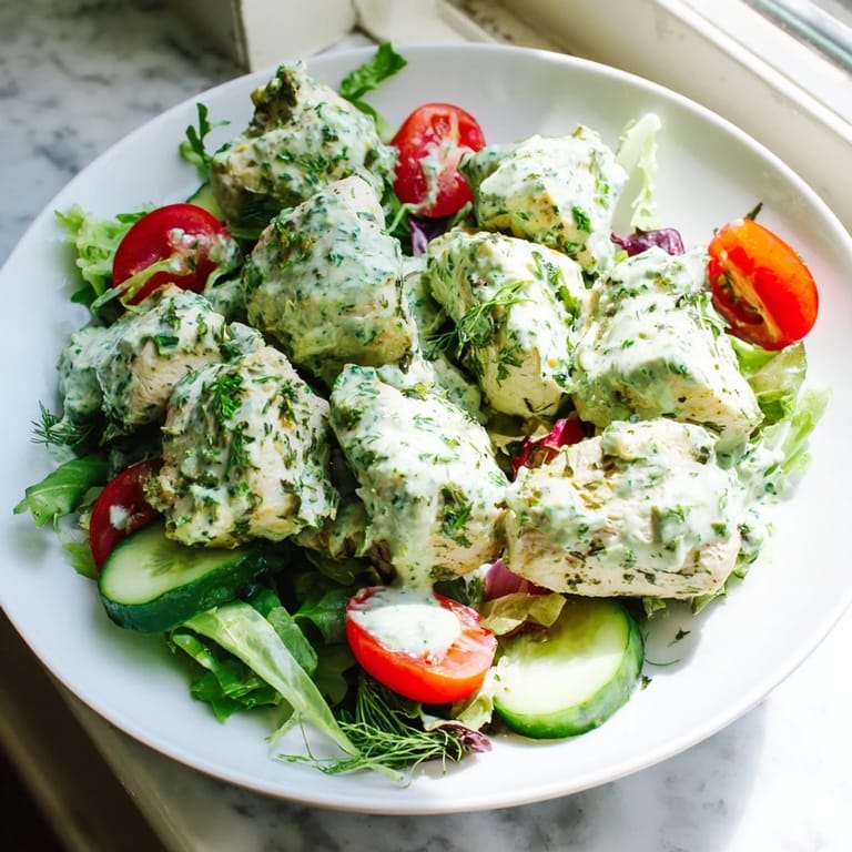 Close-up of Green Goddess Chicken Salad with glistening herb dressing, colorful vegetables, and succulent chicken pieces ready to serve.