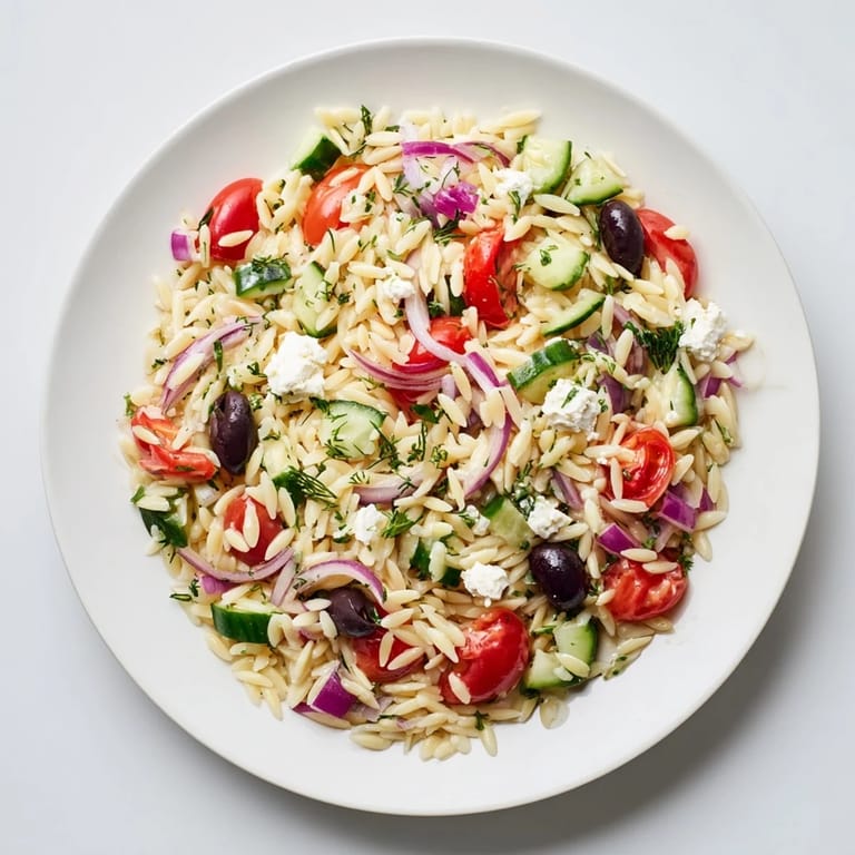 A close-up of Greek Orzo Salad with briny Kalamata olives and fresh herbs, ready to enjoy.