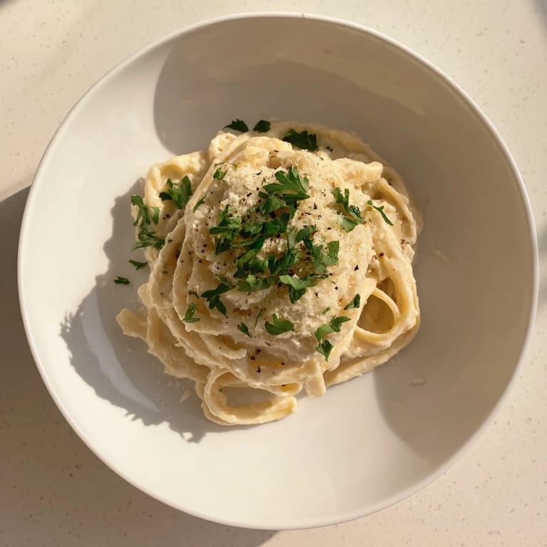 Close-up of golden roasted cauliflower florets blended into a smooth, nutmeg-scented Alfredo sauce over al dente pasta.
