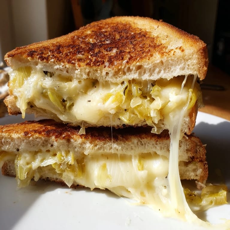 A crispy, golden-brown Havarti & Caramelized Leek Grilled Cheese rests beside a bowl of creamy tomato soup for dipping.