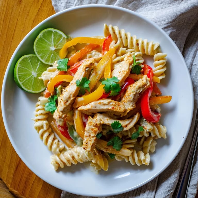 Tender fajita-spiced chicken, sautéed onions, and peppers tossed with penne in a rich, cheesy Tex-Mex sauce.  